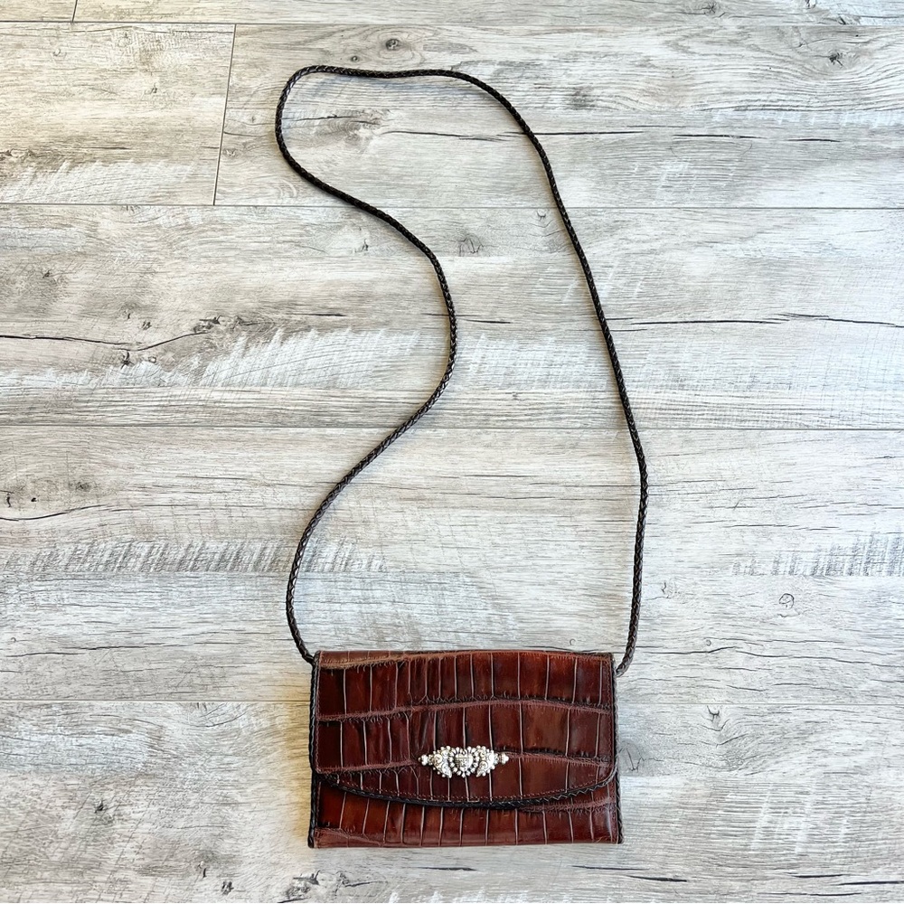 Vintage Brighton Leather Croc Crossbody Wallet Bag Clutch Silver Hardware